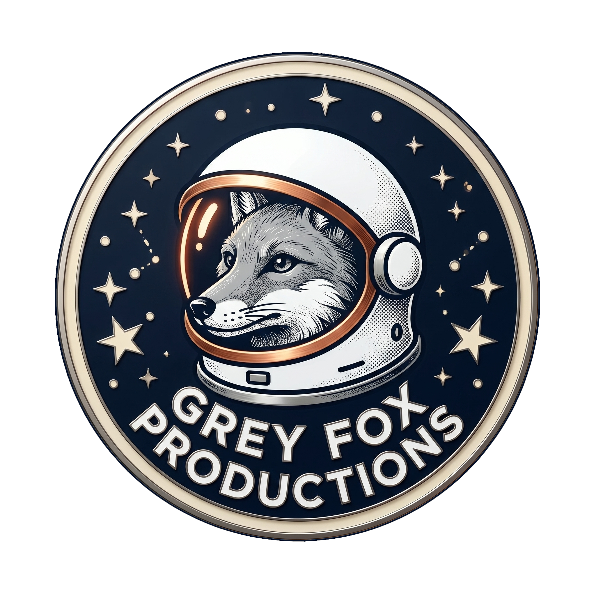 Grey Fox Productions circular astronaut-fox badge